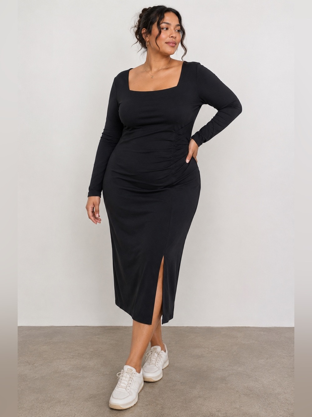 Anthropologie Daily Practice Black Ruched Square Neck Midi Dress 2X NWT